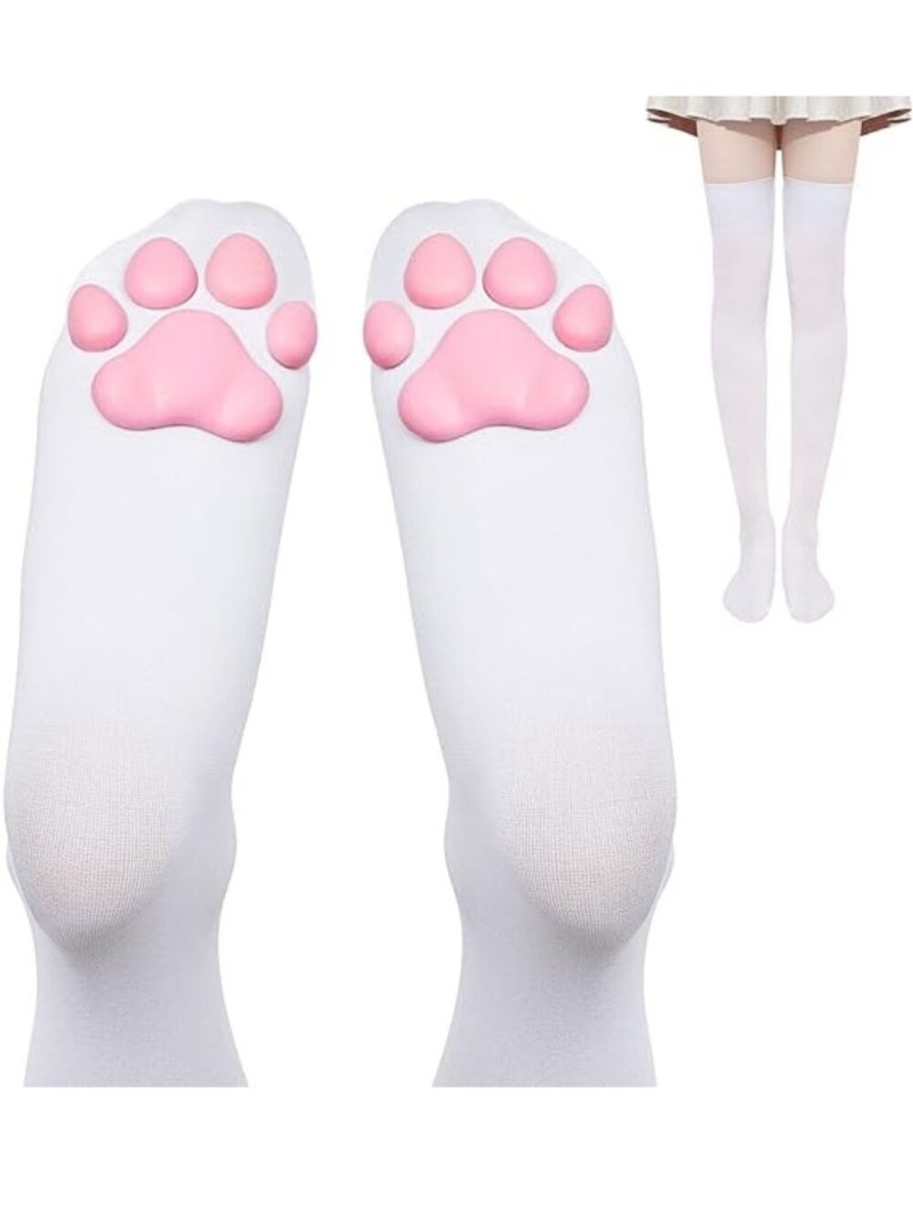 Women's Cat Paw Pad Bottom 3D Cosplay Socks Cute White Thigh High Stockings